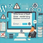 Illustrazione di un computer con un errore di WordPress sullo schermo, circondato da icone di problemi comuni come un segnale di avviso, un database con errore e un ingranaggio bloccato. Sullo sfondo, una persona sta cercando di risolvere il problema.