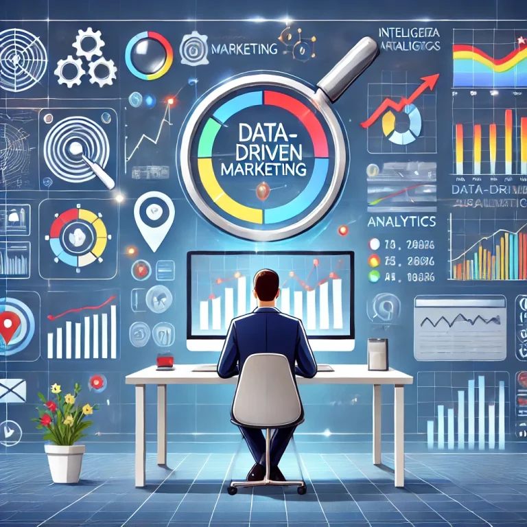 Illustrazione di un professionista che analizza dati e statistiche su un grande schermo, rappresentando il concetto di data-driven marketing con grafici, metriche e strumenti digitali.